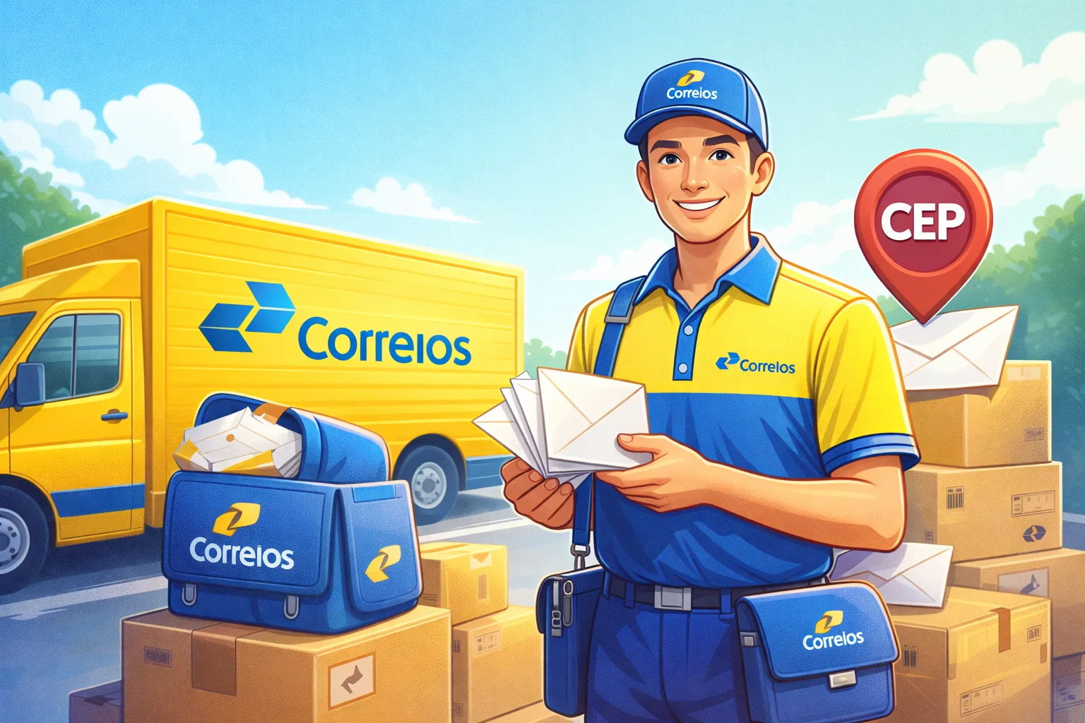 Carteiro dos Correios segurando várias cartas em frente a um caminhão amarelo dos Correios, com caixas de encomendas ao redor e um ícone de CEP representando a entrega de correspondências no Brasil